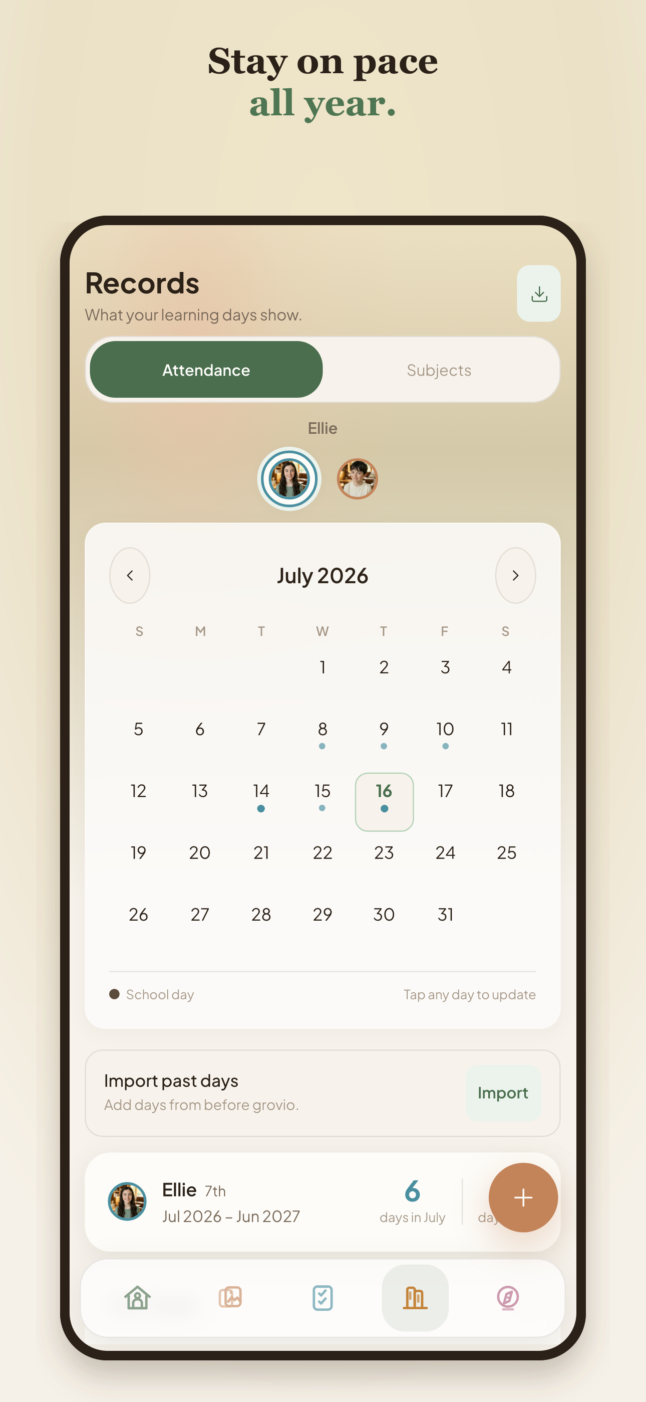 grovio attendance screen showing a monthly homeschool attendance calendar