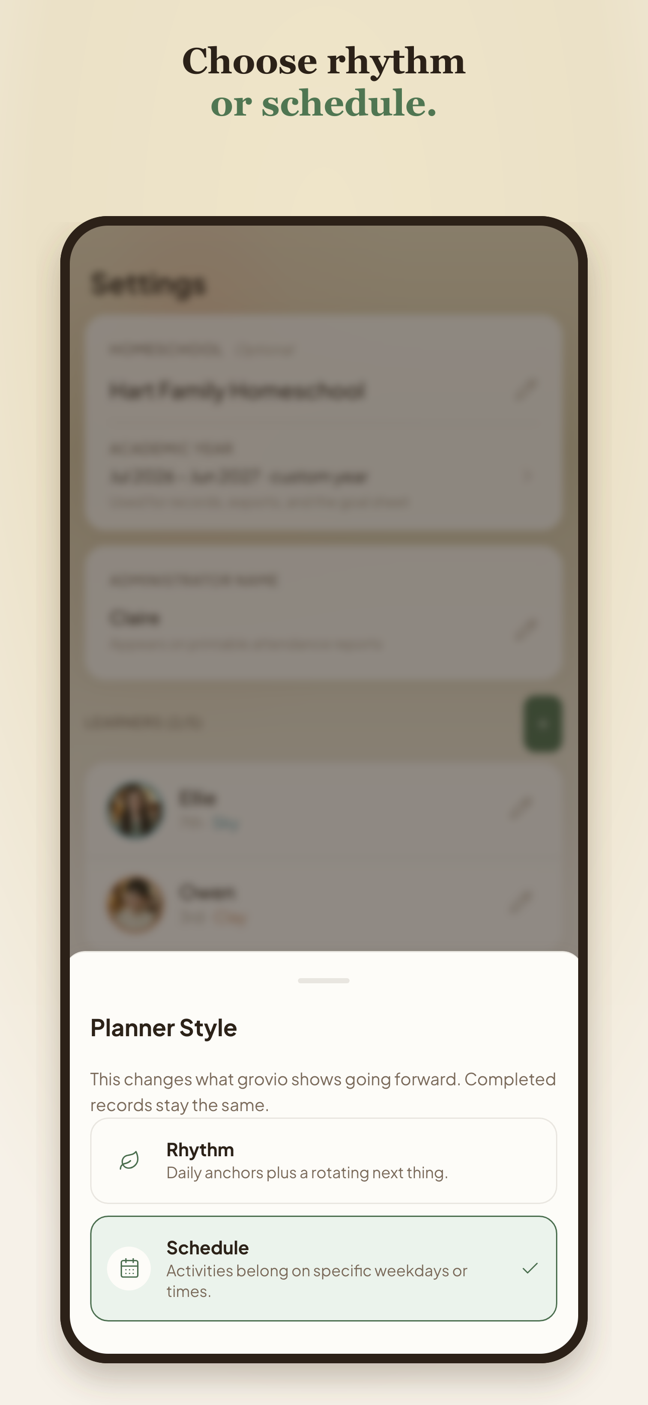 grovio planner style chooser with rhythm and schedule options