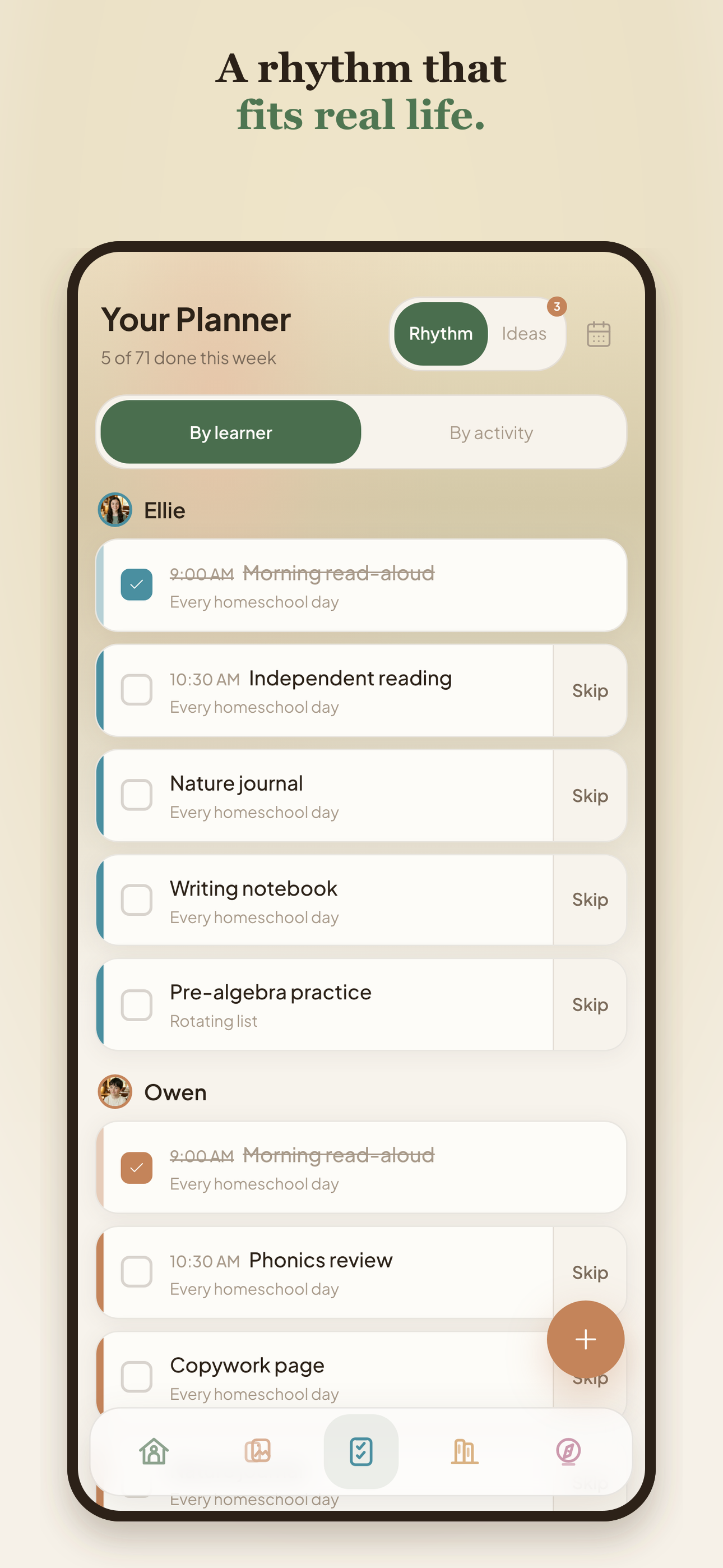 grovio rhythm planner showing learner tasks and skipped items