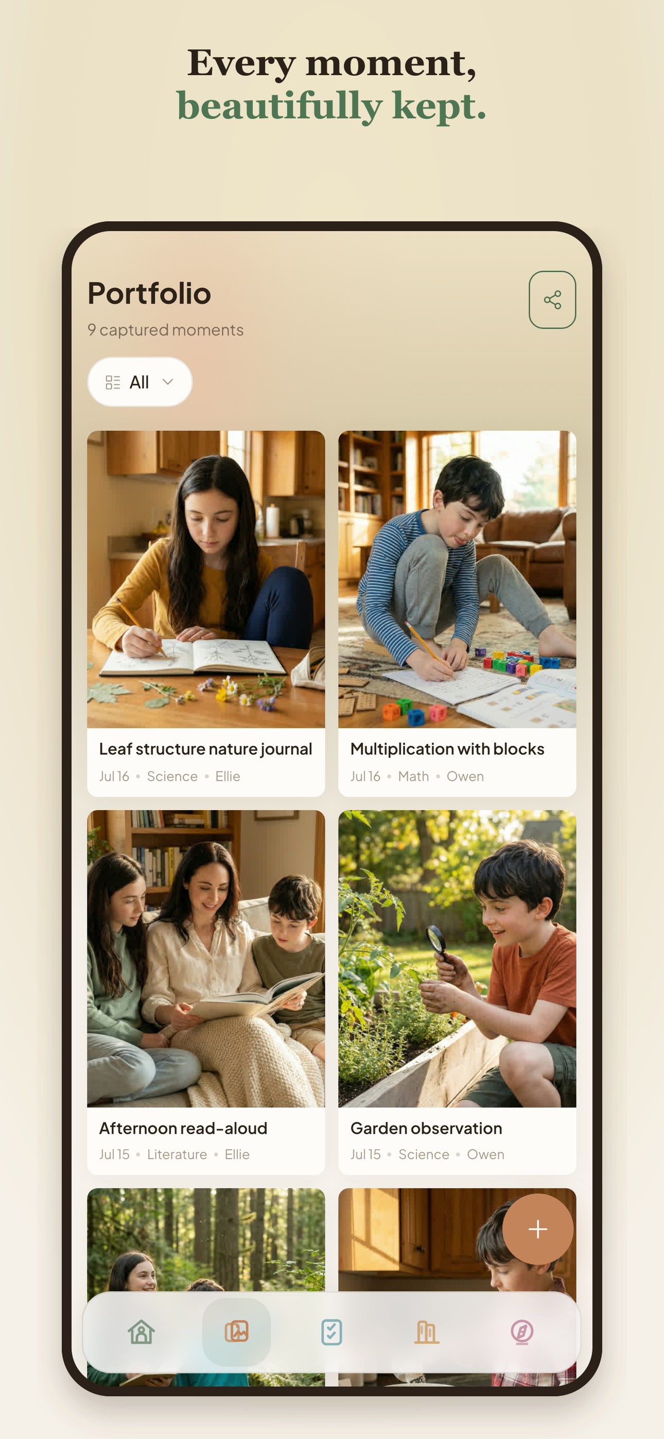 grovio portfolio screen showing captured homeschool learning moments