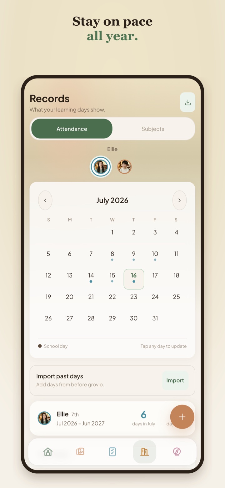 grovio attendance screen showing a monthly homeschool attendance calendar