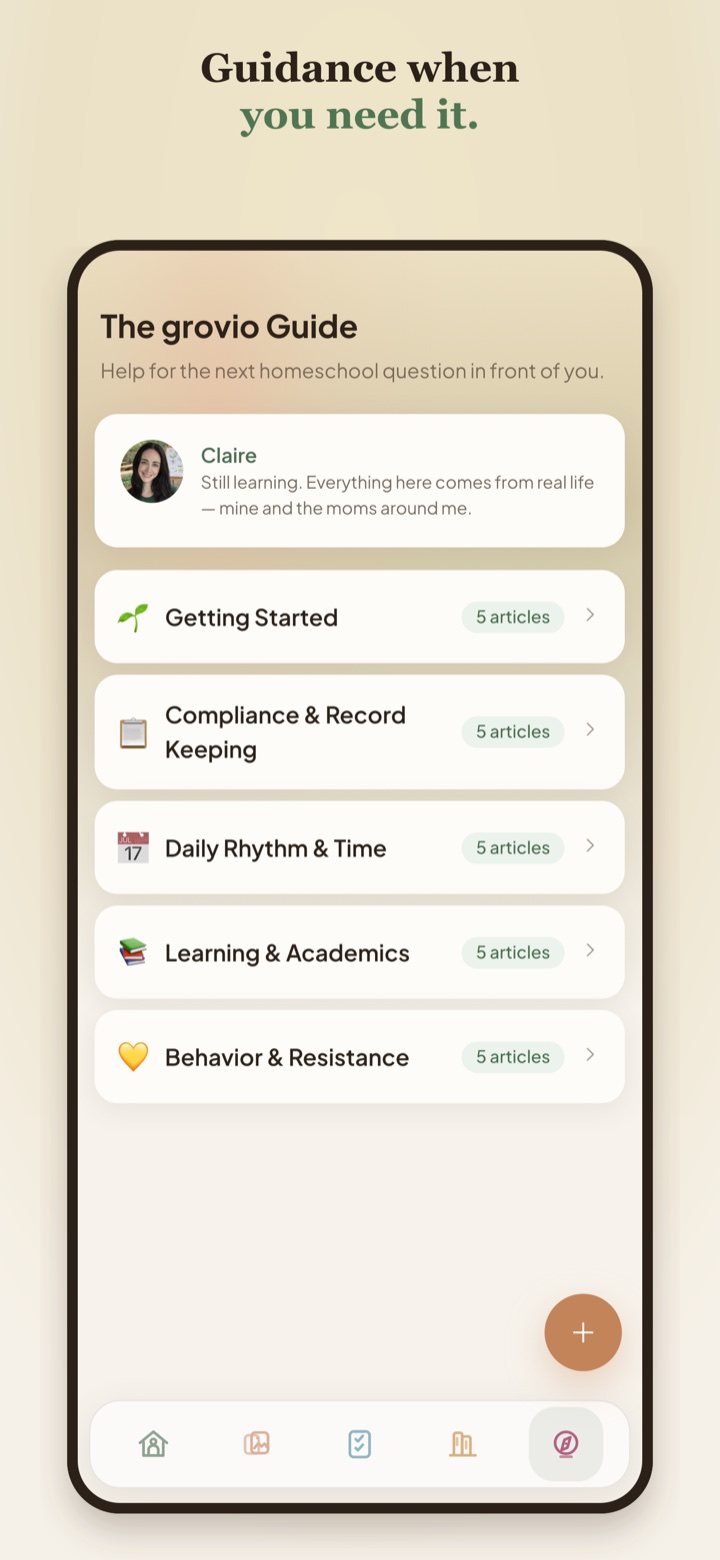 grovio Guide screen with article categories for getting started, compliance, rhythm, academics, and behavior