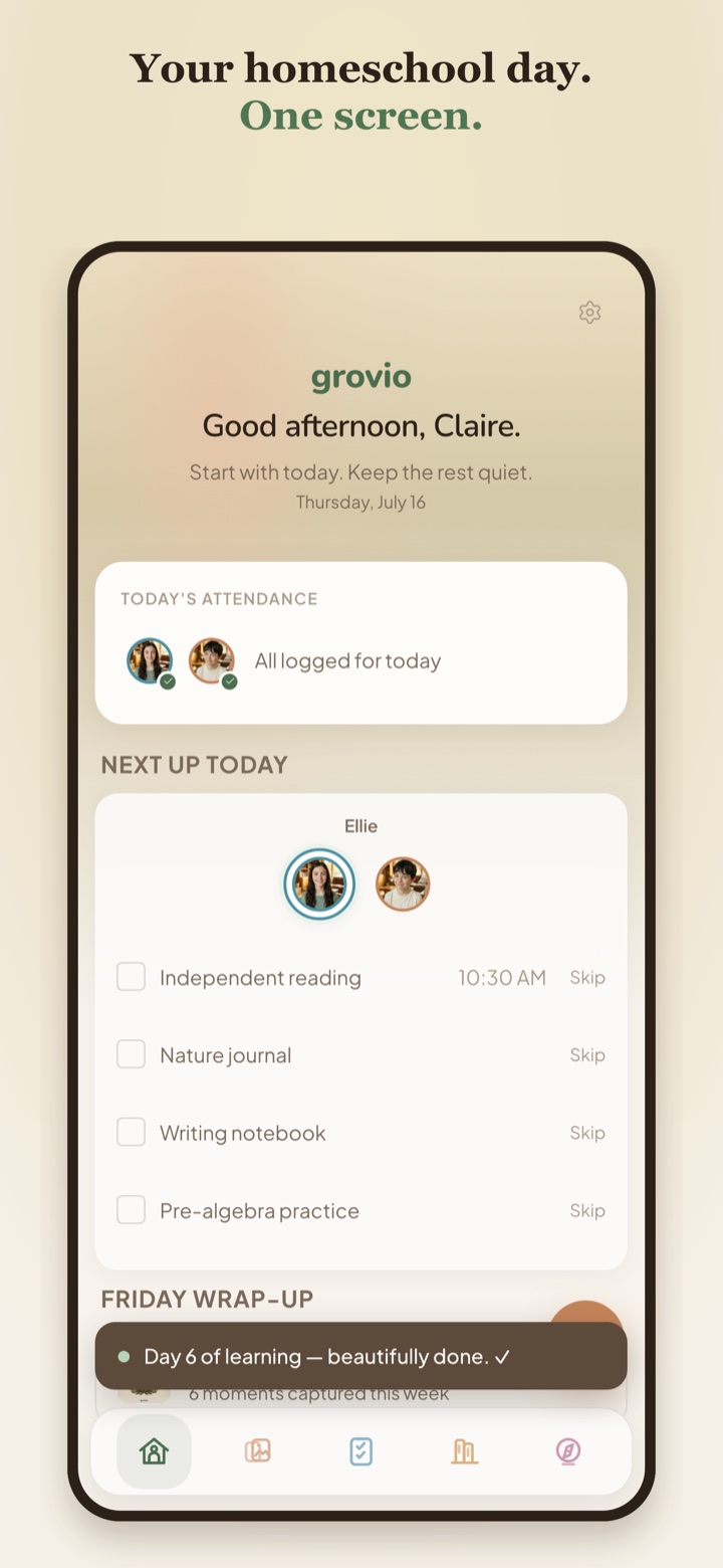 grovio home screen showing attendance, upcoming planner tasks, and a Friday Wrap-Up