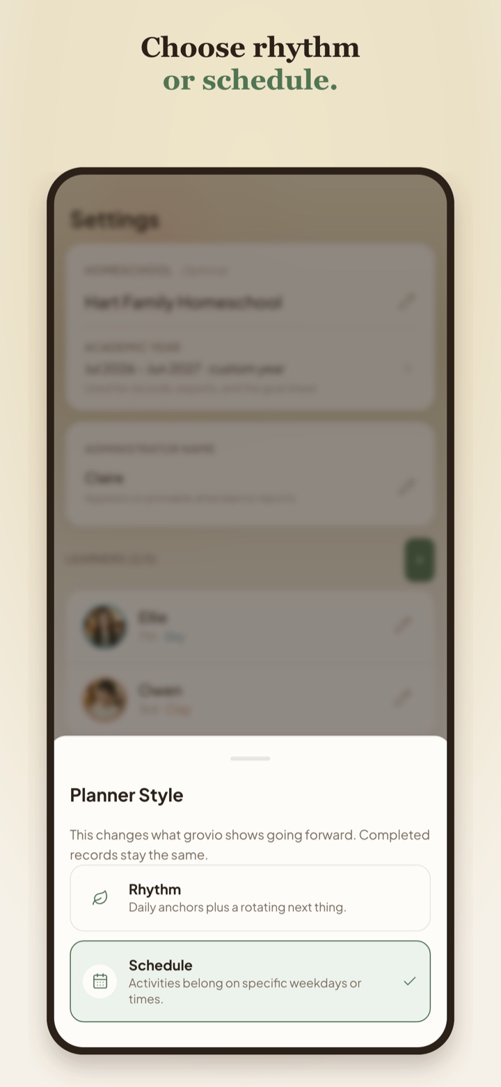 grovio planner style chooser with rhythm and schedule options