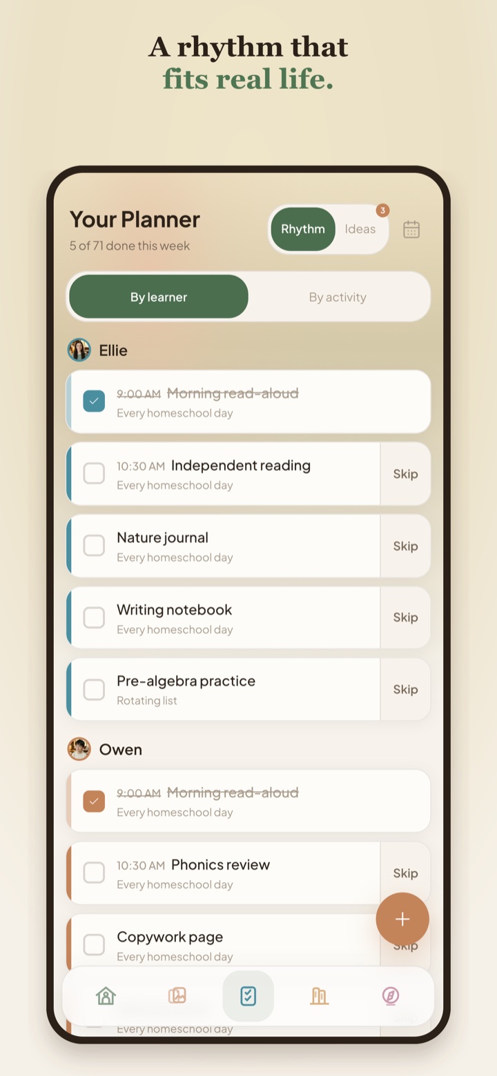 grovio rhythm planner showing learner tasks and skipped items