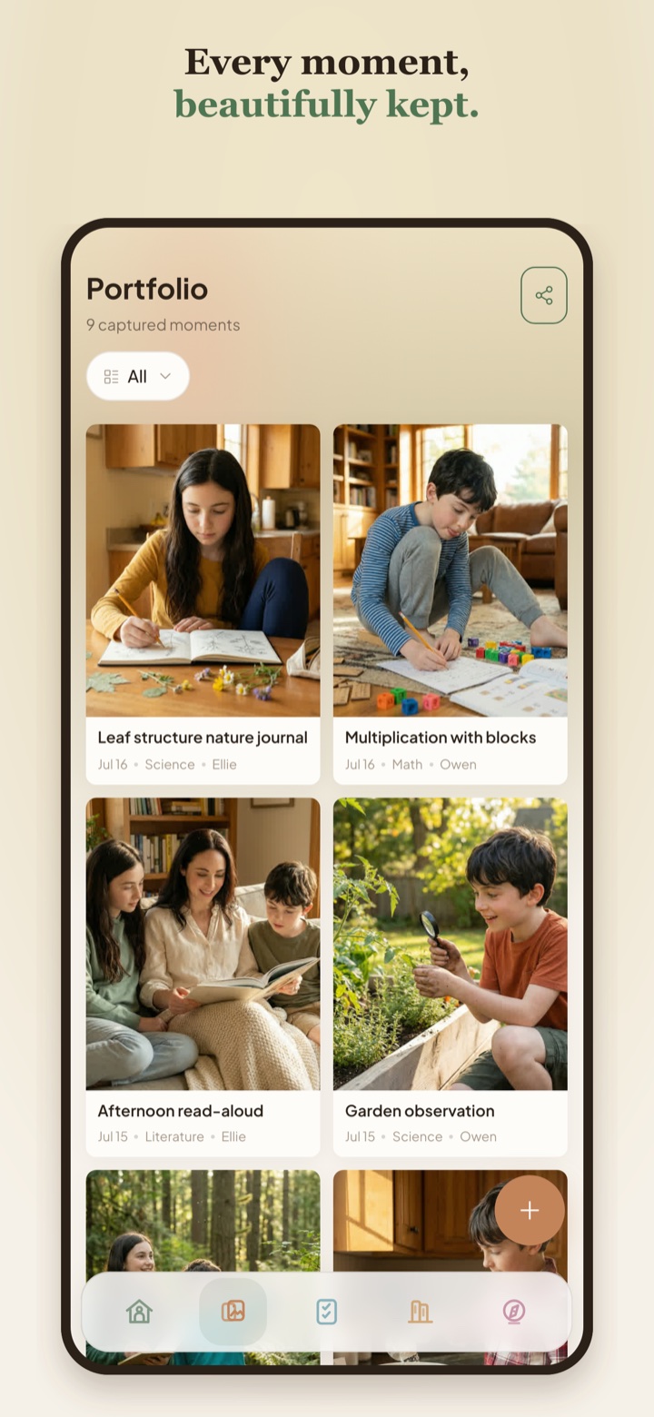 grovio portfolio screen showing captured homeschool learning moments