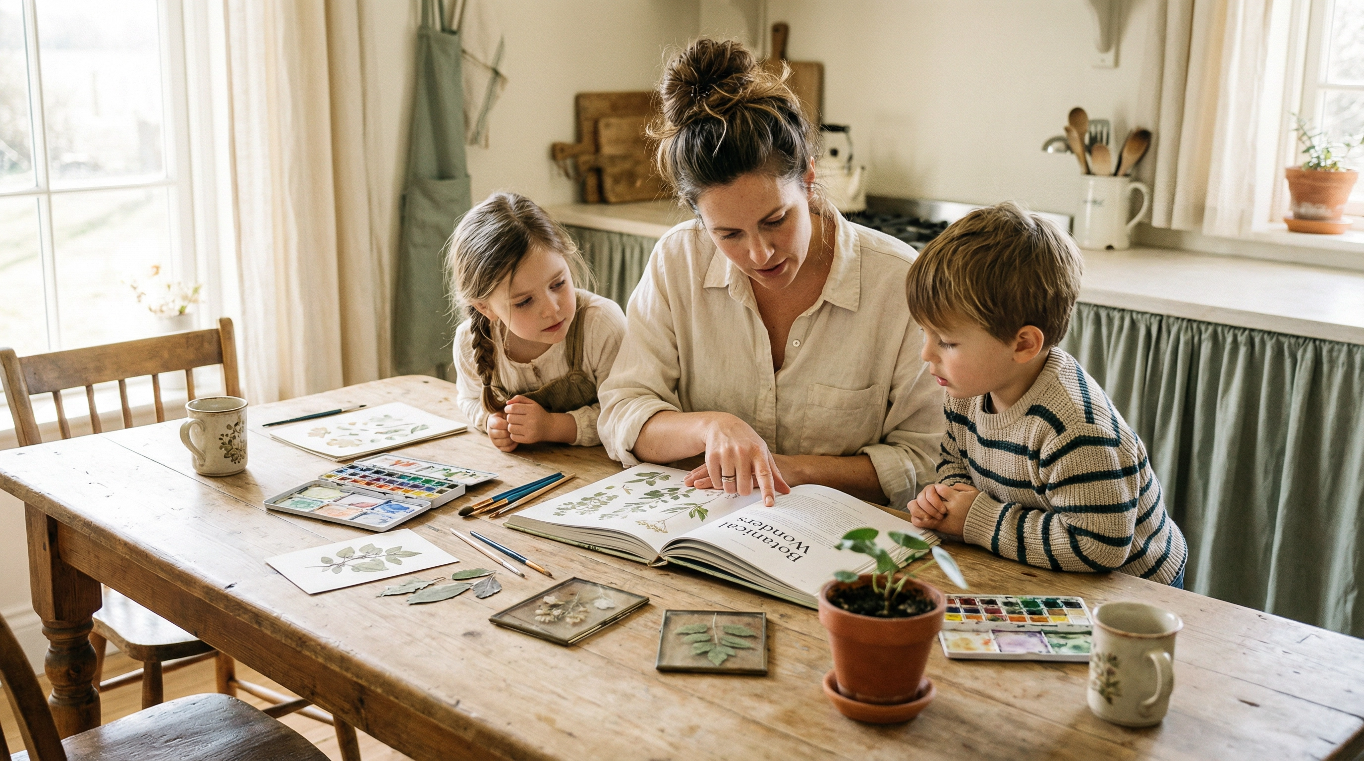 A mother and two children learning together at a wooden kitchen table with watercolors and botanical books