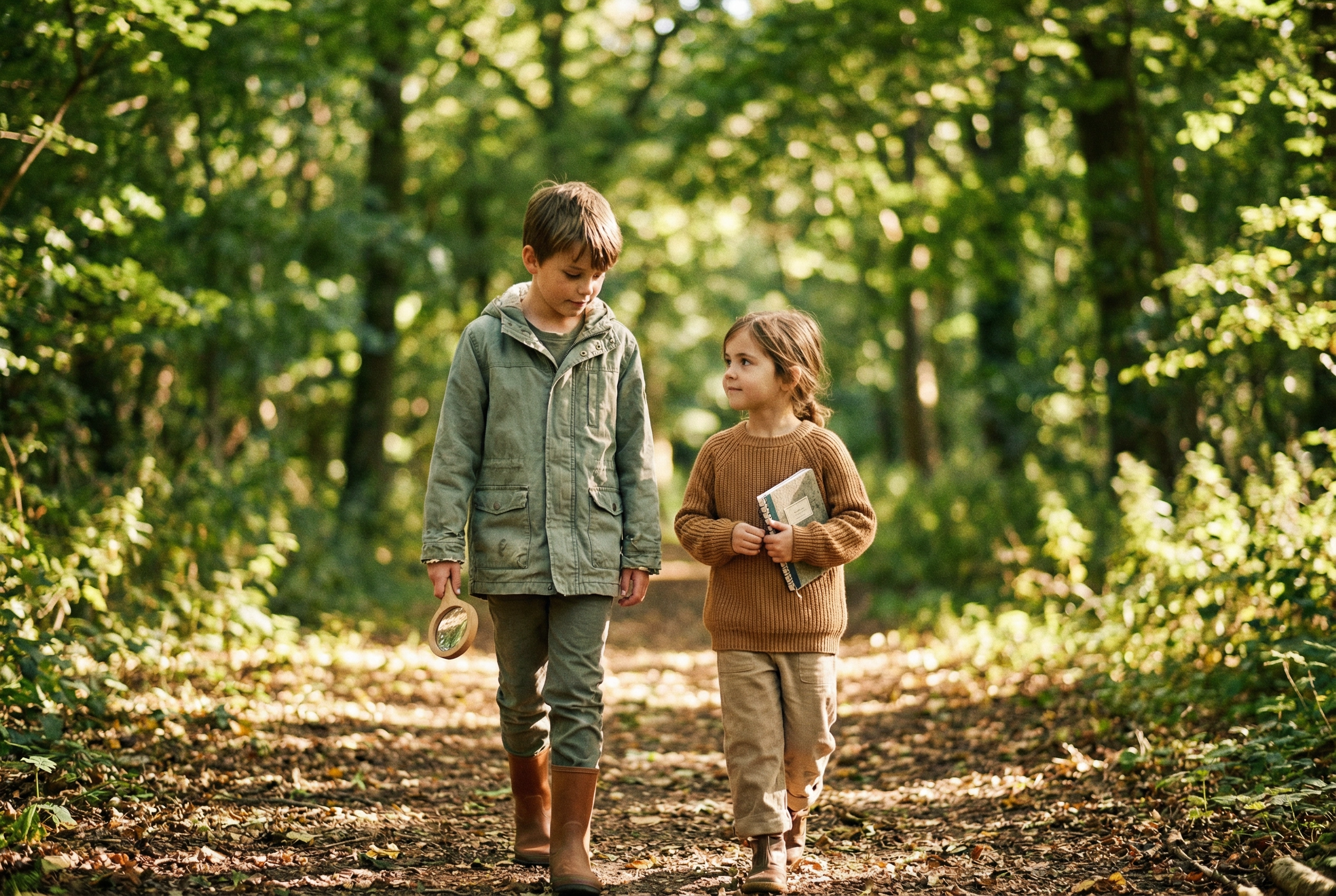Two children walking together through a sunlit forest path, one carrying a notebook — learning beyond the classroom
