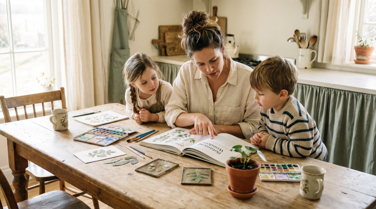 A mother and two children learning together at a wooden kitchen table with watercolors and botanical books