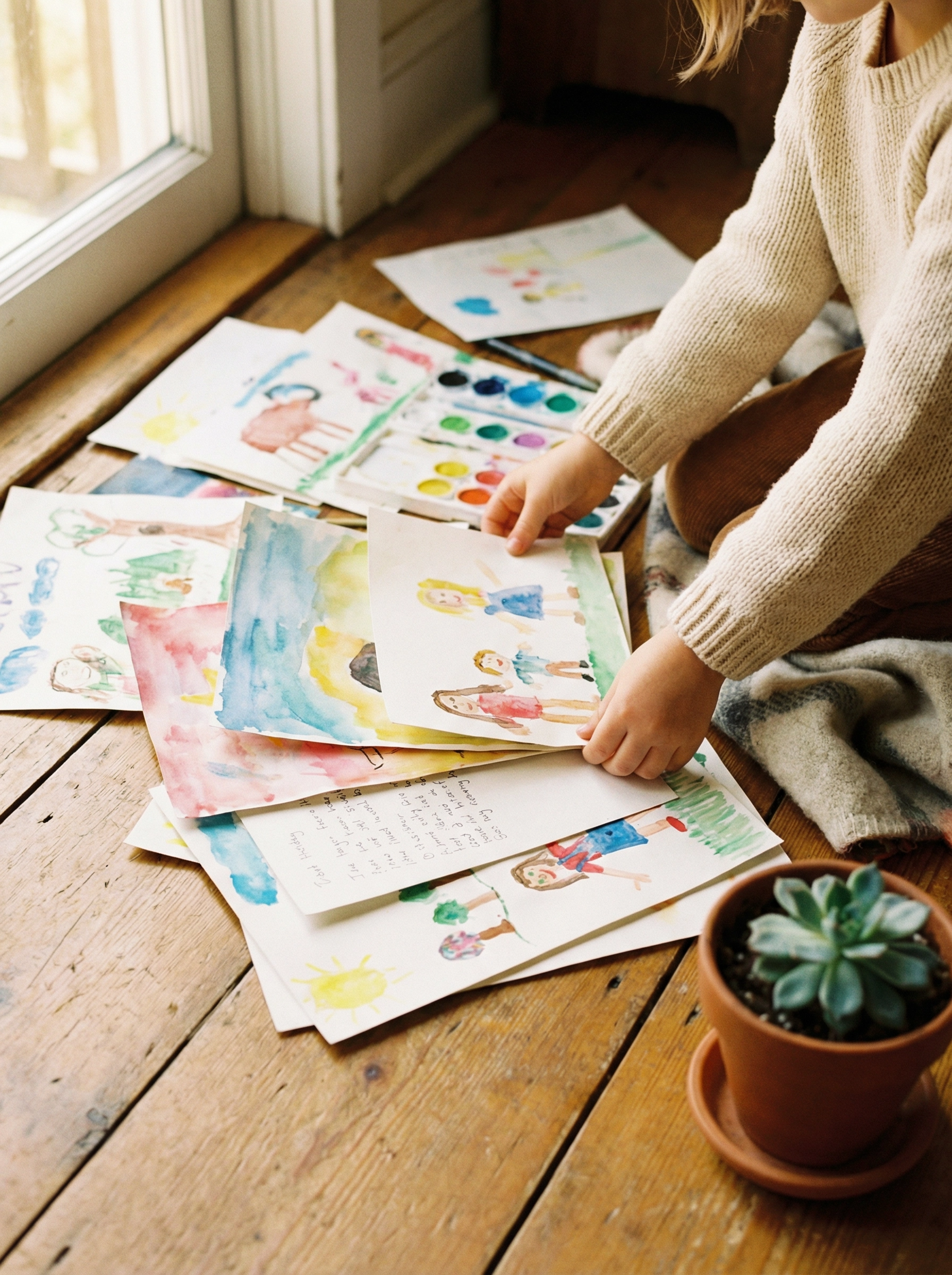 A child sorting through watercolor paintings and artwork on a wooden floor — capturing learning moments for a homeschool portfolio