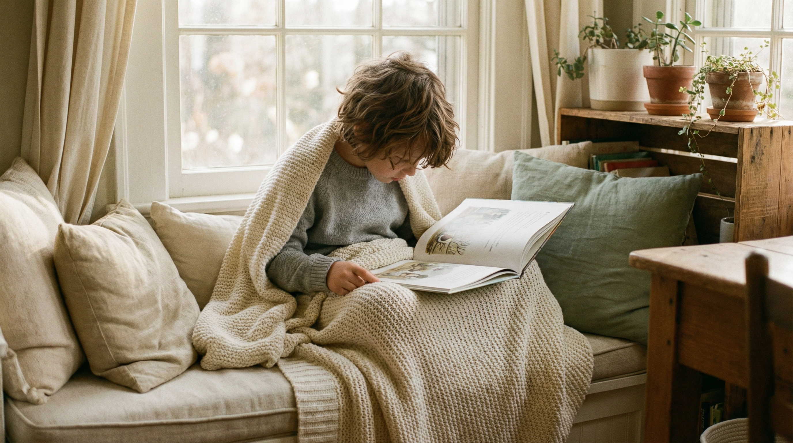 A child reading a book wrapped in a cozy blanket by a window with plants — the kind of calm daily rhythm grovio helps you build